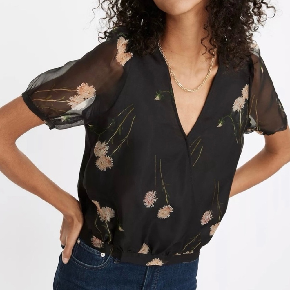 Madewell Silk Organza Puff Sleeve Wrap Top Aster Portrait Floral